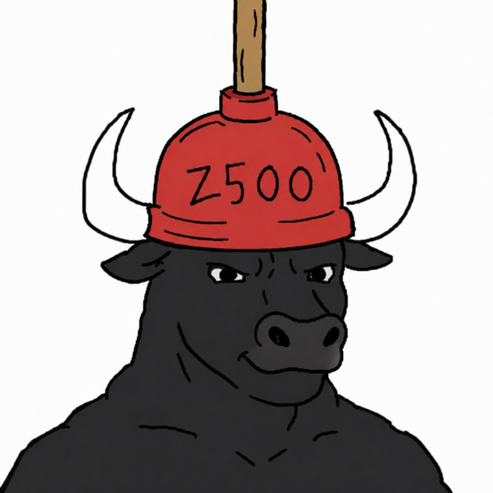 ZPLUMBER, a black bull wearing a red Z500 plunger
